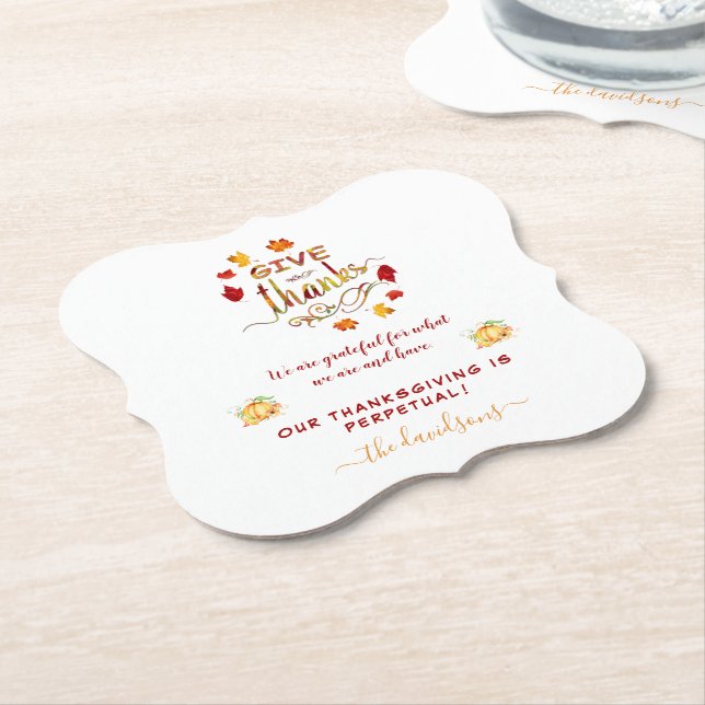 Fall Watercolor Leaves Give Thanks Monogram Paper Coaster (Angled)