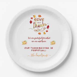 Fall Watercolor Leaves Give Thanks Monogram Paper Plate