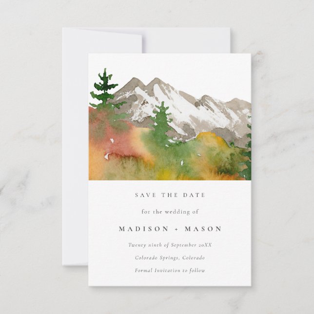 Fall Watercolor Mountains Pine Trees Save the Date (Front)