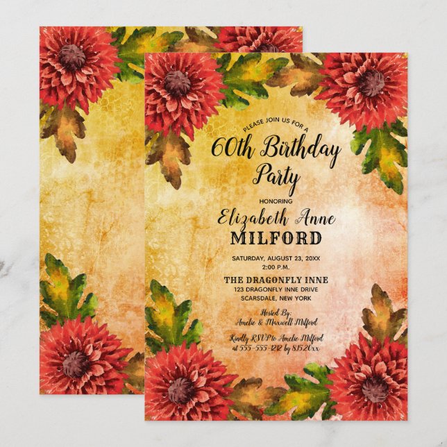 Fall Watercolor Mums Floral 60th Birthday Party Invitation (Front/Back)