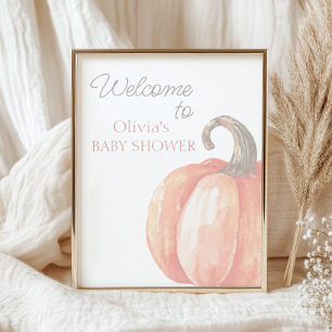 Fall Watercolor Orange Pumpkin Baby Shower Welcome Poster