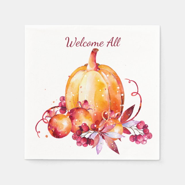 Fall Watercolor Orange Pumpkin Harvest Napkin (Front)
