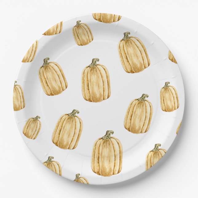 Fall Watercolor Orange Pumpkin Party Paper Plate (Front)