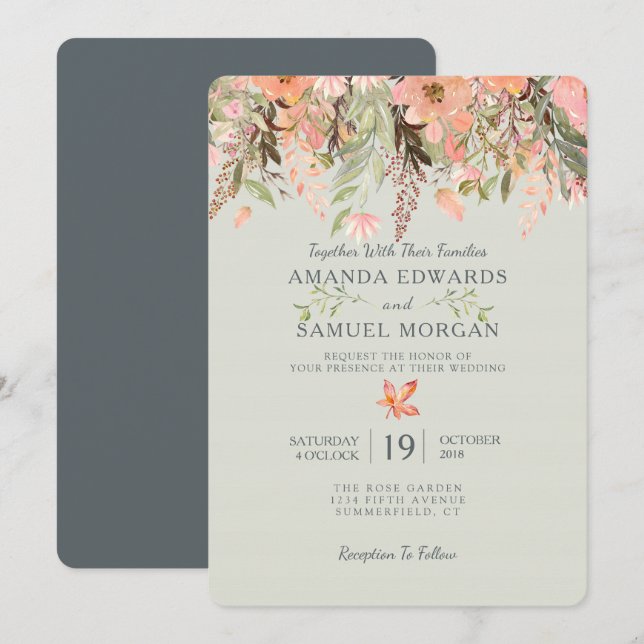 Fall Watercolor Peach and Green Wedding Invitation (Front/Back)