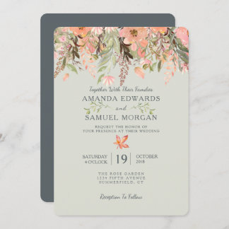 Fall Watercolor Peach and Green Wedding Invitation