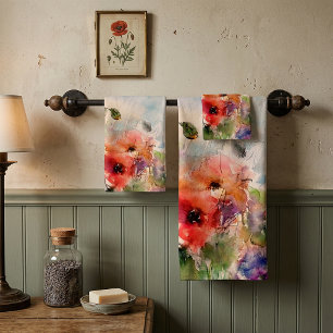 Fall watercolor poppies bath towel set