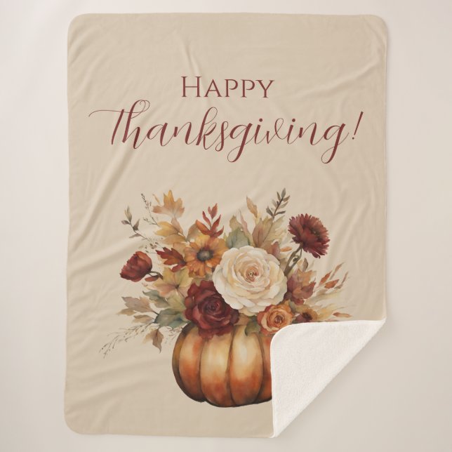 Fall Watercolor Pumpkin and Flowers- Sherpa Blanket (Front)