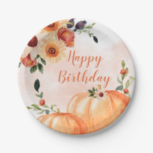 Fall Watercolor Pumpkin Birthday Paper Plate