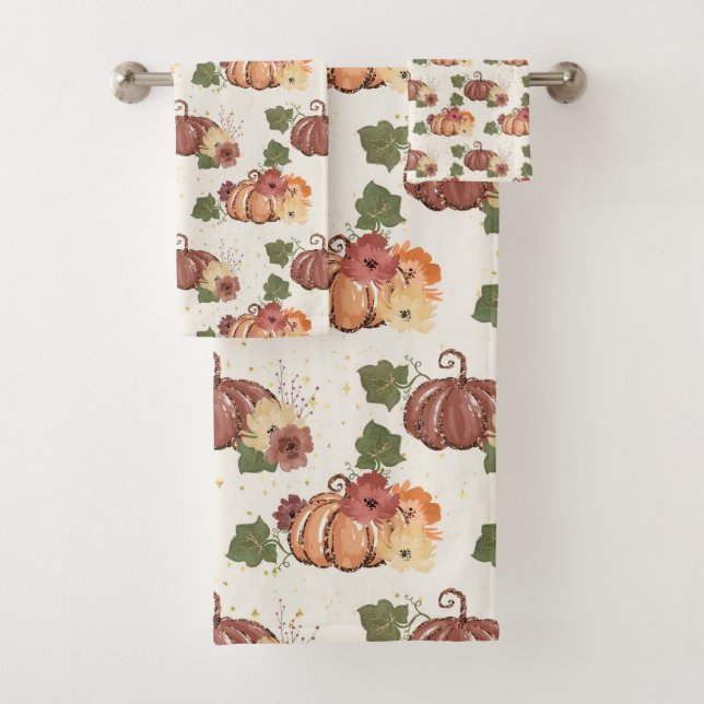 Fall Watercolor Pumpkin Floral Bath Towel Set (Insitu)