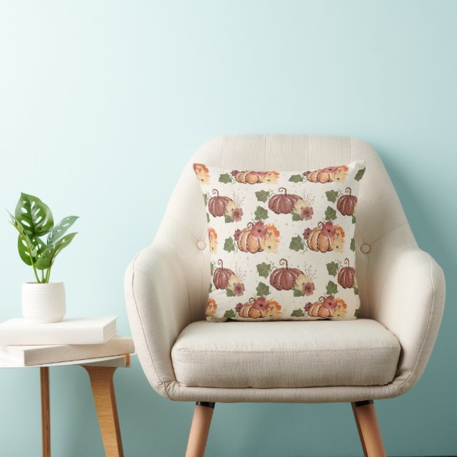 Fall Watercolor Pumpkin Floral  Cushion (Chair)