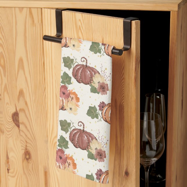 Fall Watercolor Pumpkin Floral Tea Towel (Thirds Fold)