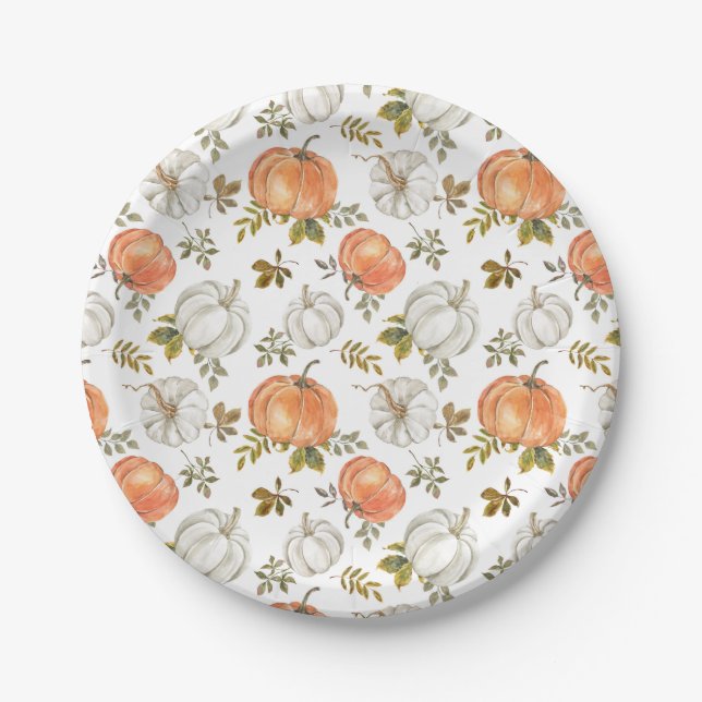 Fall Watercolor Pumpkin Pattern Paper Plate (Front)