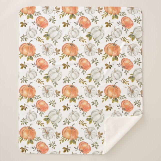 Fall Watercolor Pumpkin Pattern Sherpa Blanket (Front)