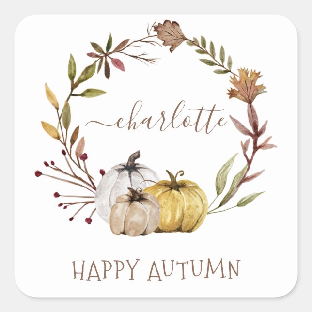 Fall Watercolor Pumpkins Happy Autumn Square Sticker (Front)