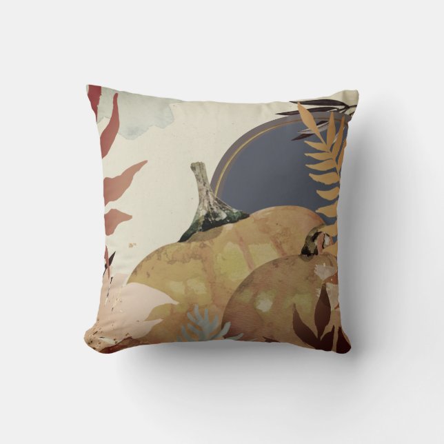 Fall Watercolor Pumpkins & Leaves | Navy & Ivory Cushion (Front)