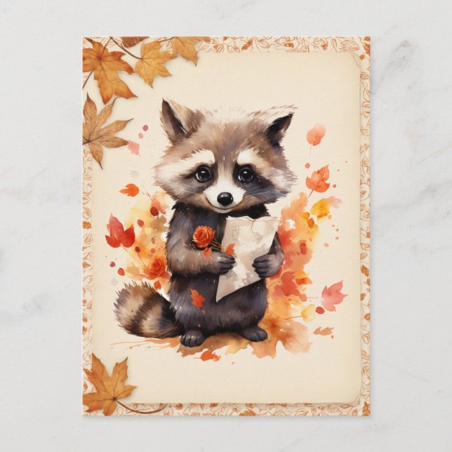 Fall Watercolor Racoon holding a letter -  Postcard (Front)