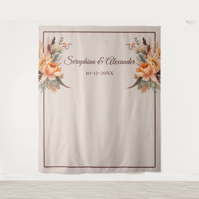 Fall Watercolor Rustic Floral Wedding Backdrop Tapestry (Front)