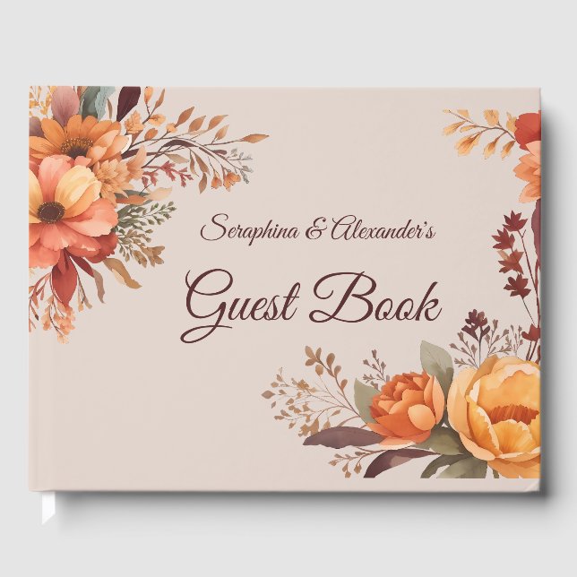 Fall Watercolor Rustic Floral Wedding  Guest Book (Front)