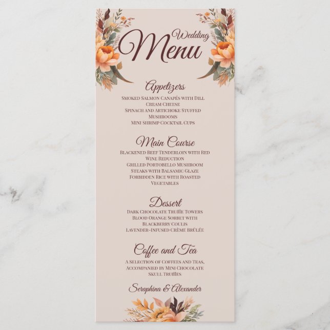 Fall Watercolor Rustic Floral Wedding Menu (Front)