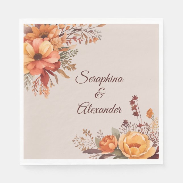 Fall Watercolor Rustic Floral Wedding Napkin (Front)