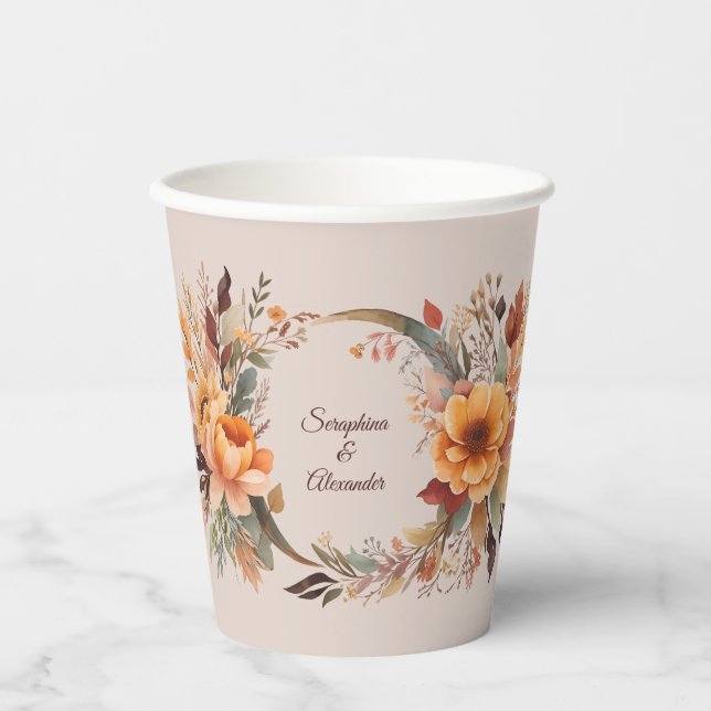 Fall Watercolor Rustic Floral Wedding Paper Cups (Front)