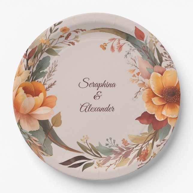 Fall Watercolor Rustic Floral Wedding Paper Plate (Front)