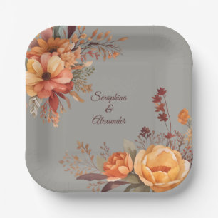 Fall Watercolor Rustic Floral Wedding Paper Plate