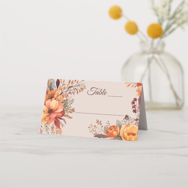 Fall Watercolor Rustic Floral Wedding  Place Card (Front)