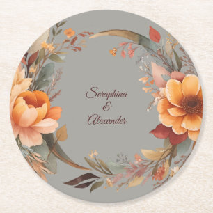 Fall Watercolor Rustic Floral Wedding Round Paper Coaster