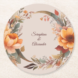 Fall Watercolor Rustic Floral Wedding Round Paper Coaster