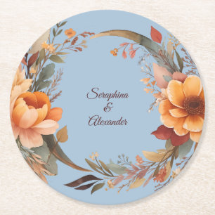 Fall Watercolor Rustic Floral Wedding Round Paper Coaster