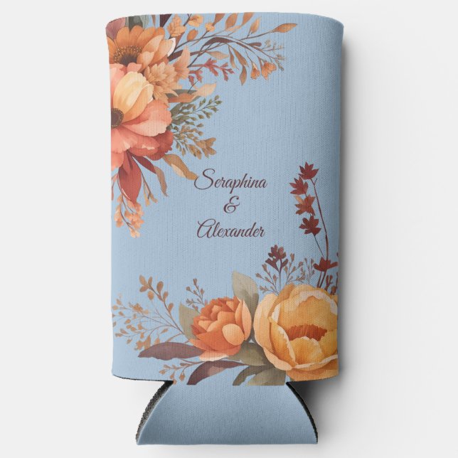 Fall Watercolor Rustic Floral Wedding Seltzer Can Cooler (Front)