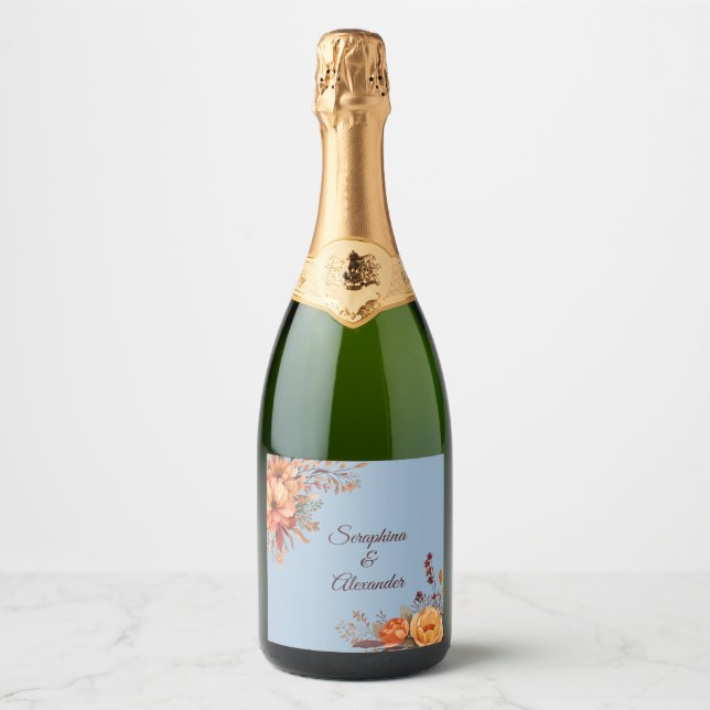 Fall Watercolor Rustic Floral Wedding Sparkling Wine Label (Front)