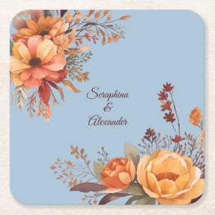 Fall Watercolor Rustic Floral Wedding Square Paper Coaster