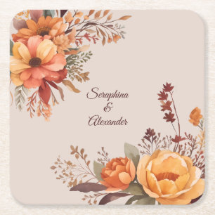 Fall Watercolor Rustic Floral Wedding Square Paper Coaster