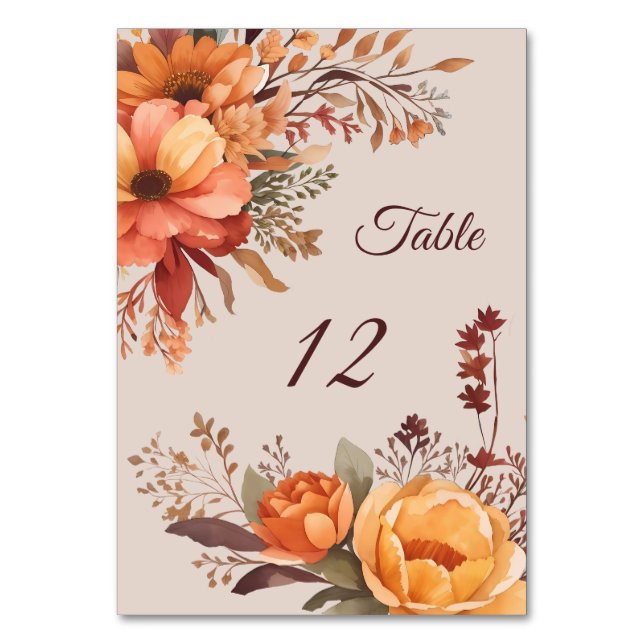Fall Watercolor Rustic Floral Wedding  Table Number (Front)