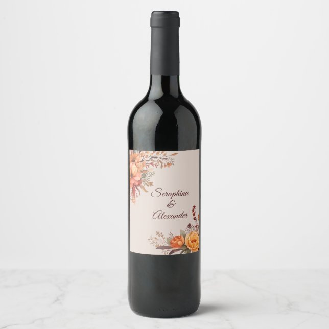 Fall Watercolor Rustic Floral Wedding Wine Label (Front)