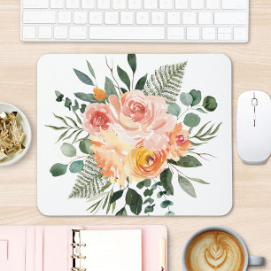 Fall Watercolor Rustic Pink Peach Flower Bouquet  Mouse Mat