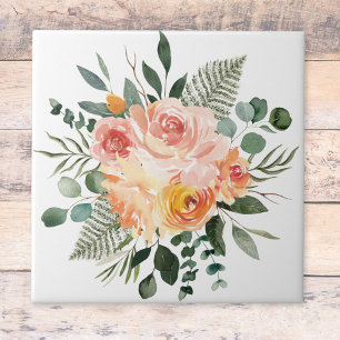 Fall Watercolor Rustic Pink Peach Flower Bouquet Tile