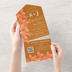 Fall Watercolor Terracotta Lily Floral Wedding All In One Invitation