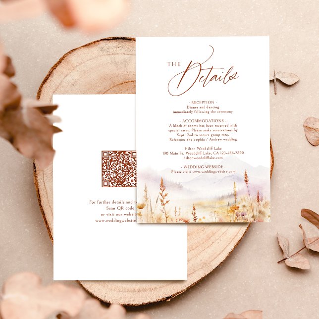 Fall Watercolor Wildflower Rustic QR code Details Card (Fall Watercolor Wildflower Rustic QR code Details Note Card)