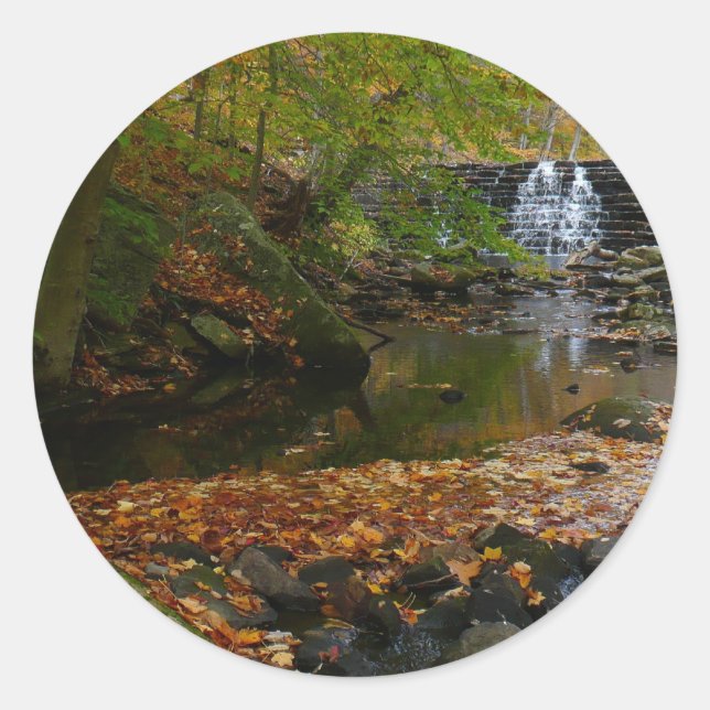 Fall Waterfall and Creek Pennsylvania Nature Classic Round Sticker (Front)