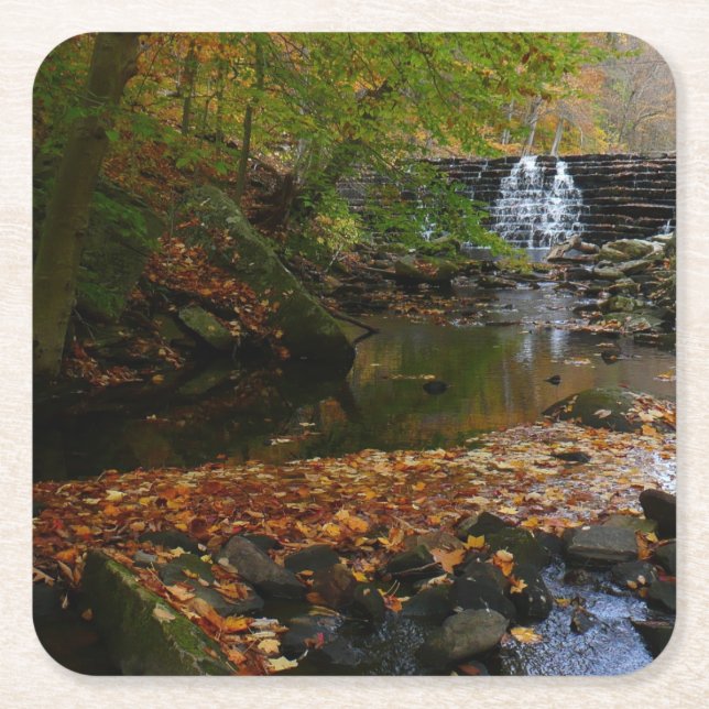 Fall Waterfall and Creek Pennsylvania Nature Square Paper Coaster (Front)