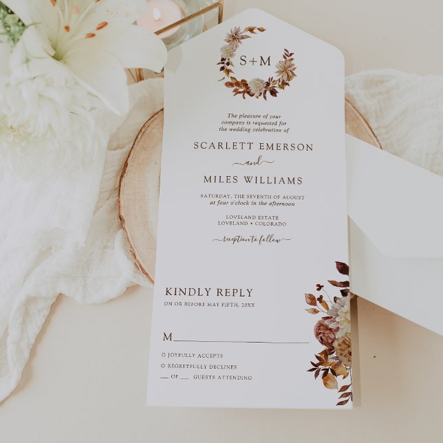 Fall Wedding All In One Invitation (Rustic Boho Fall Wedding Mongrammed All In One Invitation by Painted Paperie
)