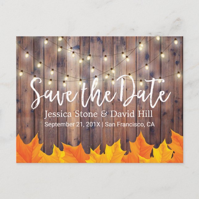 Fall Wedding Autumn Leaves Barn Wood Save the Date Announcement Postcard (Front)