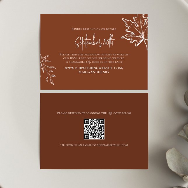 Fall Wedding Autumn Leaves QR Code RSVP Enclosure Card (Burgundy Wedding RSVP card with a scannable QR Code.)