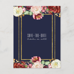 Fall Wedding Blue Gold Floral Marsala Save Date Announcement Postcard