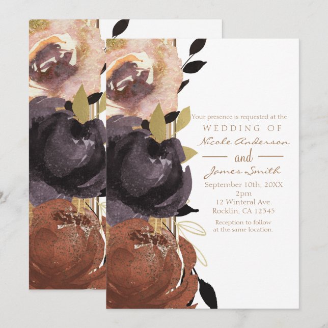 Fall Wedding Bold Glam Flowers Modern Floral Invitation (Front/Back)