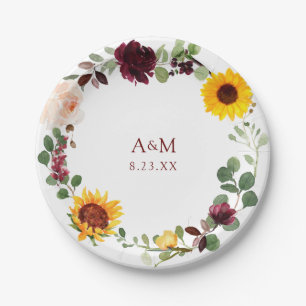 Fall Wedding Bridal Shower Sunflowers Burgundy Paper Plate