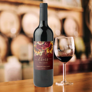 Fall wedding burgundy roses sunflowers cheers wine label
